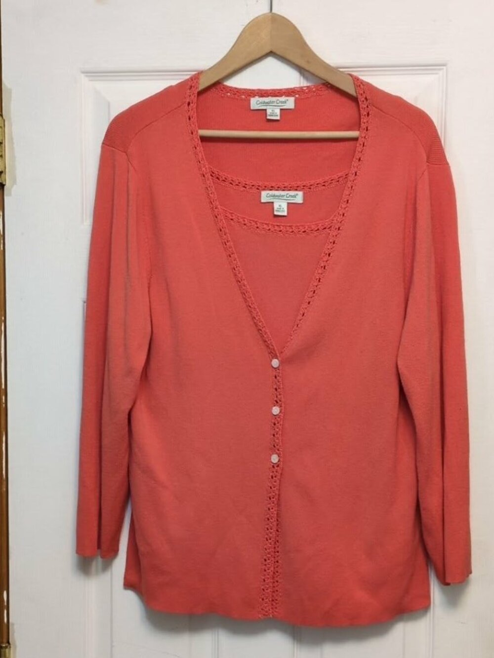 Coldwater Creek Vintage Crochet Lace Twin Set Cardigan & Tank Sz XL Coral Croche